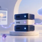 Conceptual illustration of a website connected to servers and cloud hosting
