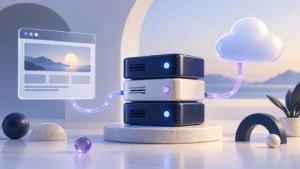 Conceptual illustration of a website connected to servers and cloud hosting