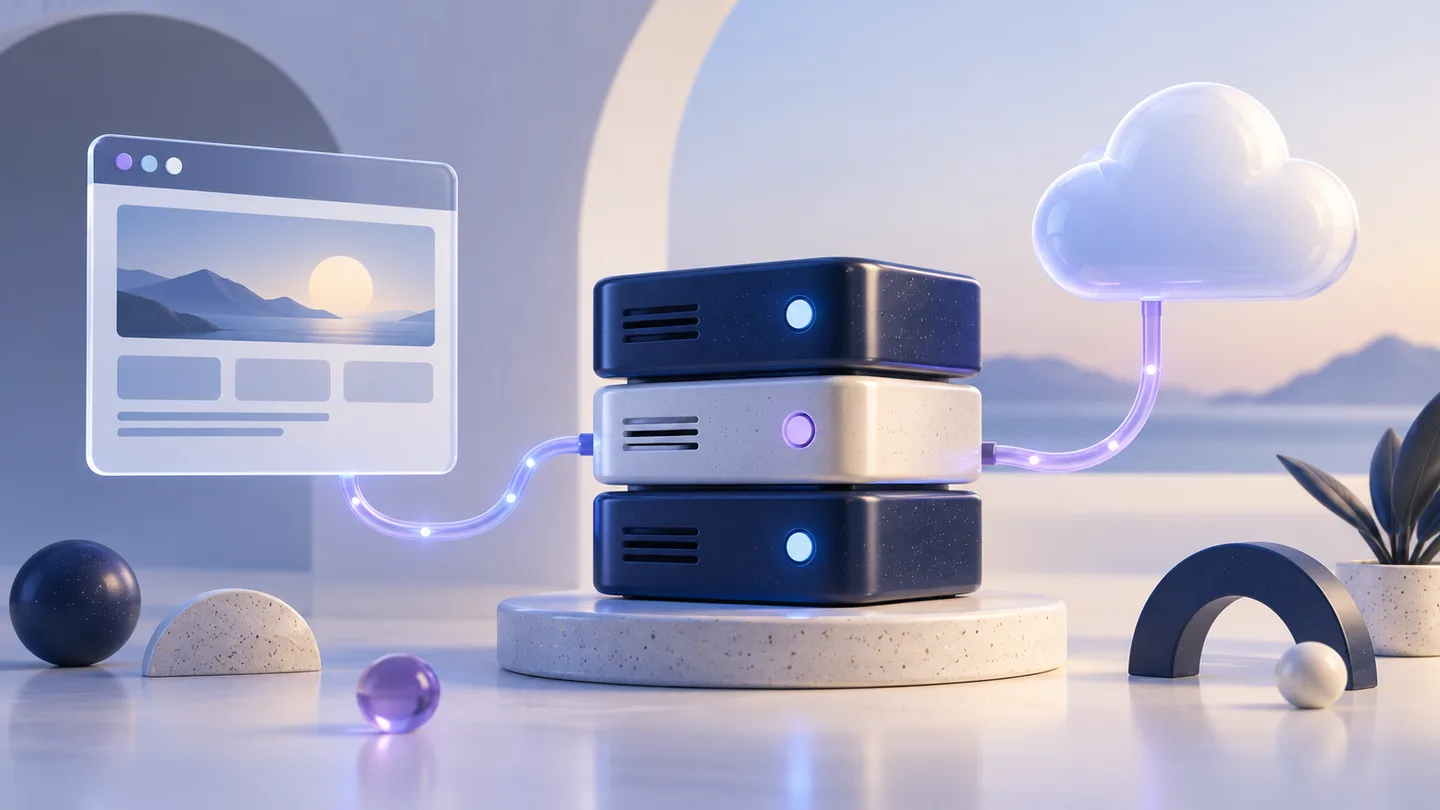 Conceptual illustration of a website connected to servers and cloud hosting